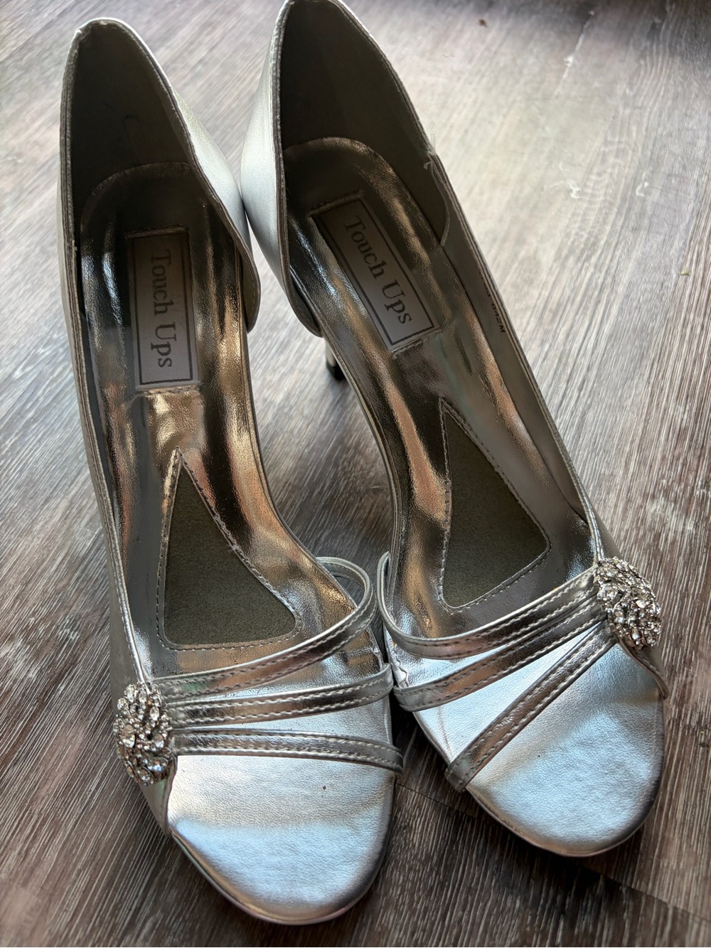 Touch Ups Silver Peep-Toe Heels with Rhinestone Accent